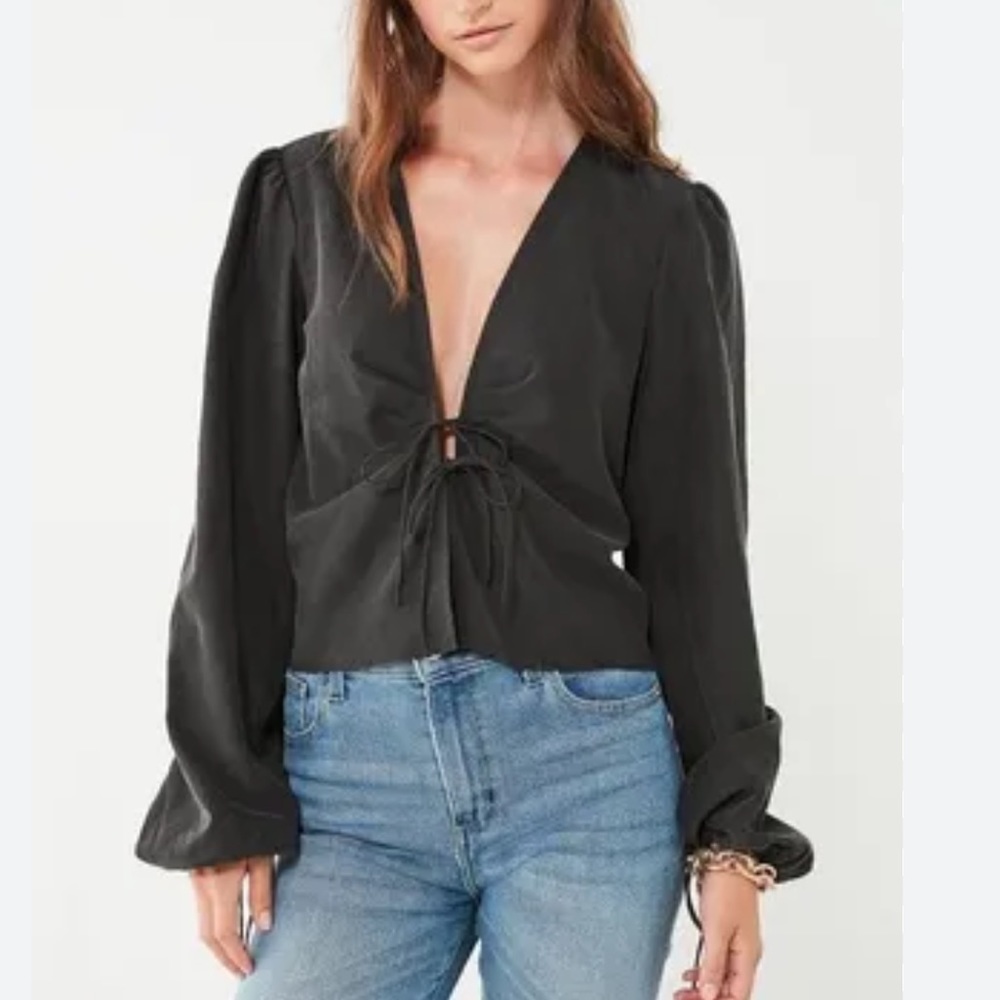 Urban Outfitters Tie Front Long Sleeve Top in Black Size Small